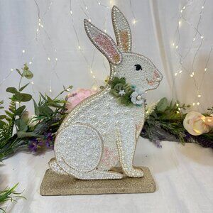 Vintage Inspired Beaded Wood & Pearl Floral Spring Easter White Bunny Rabbit New